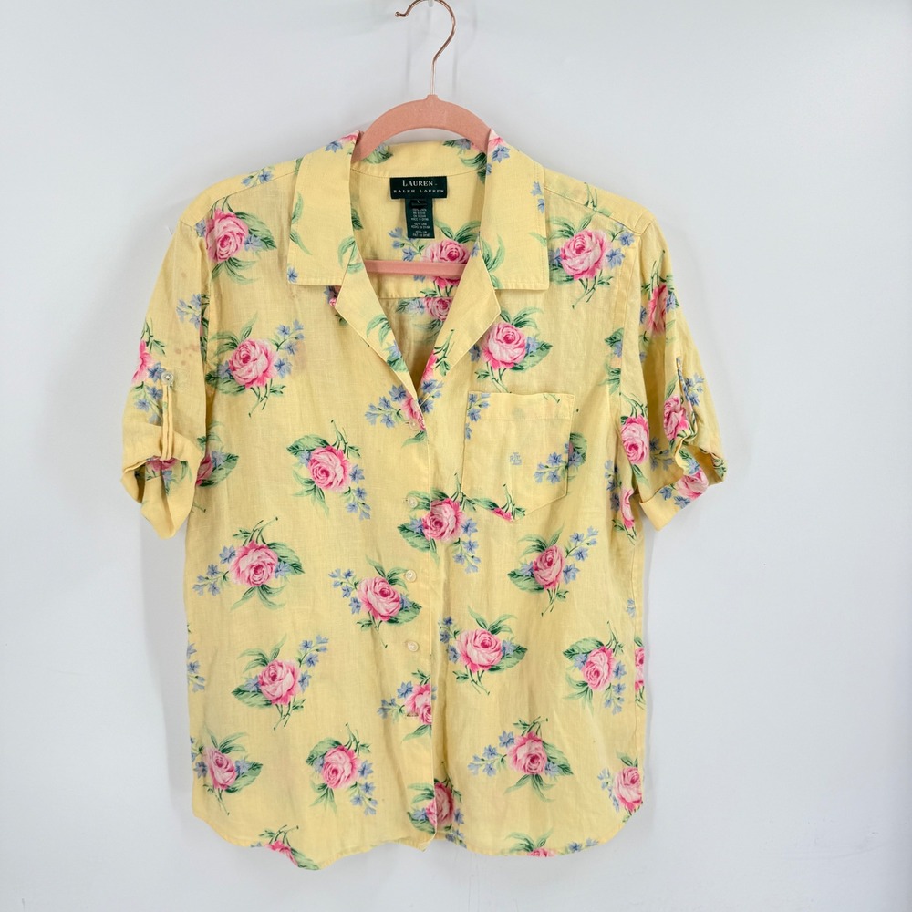 Lauren Ralph Lauren Button Down Shirt Yellow L Floral 100% Linen Top Grandmacore